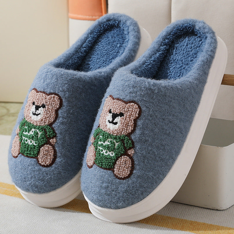 Lovely Cartoon Bear Woolen Slippers For Women Winter Indoor Thick-soled Non-slip Home Slippers Breathable Warm Bedroom Floor House Shoes