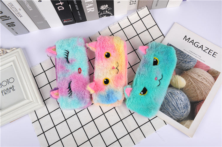 Laser color cat plush pencil case student stationery bag