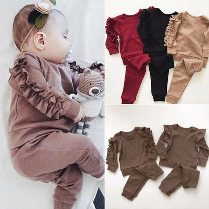 Baby Girls Ruffles Jumper Solid Long Sleeve Sweatshirt Tops Pants