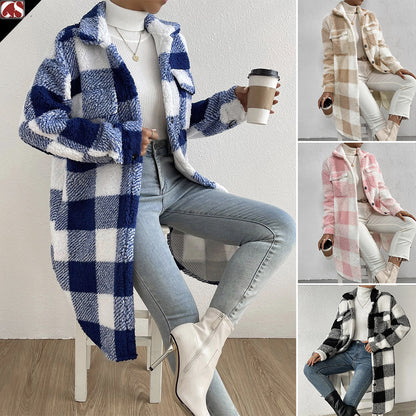 Button Lapel Plush Plaid Coat Loose