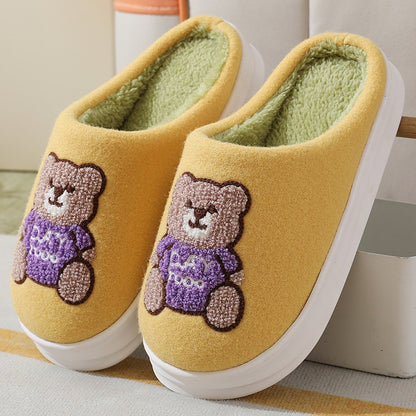 Lovely Cartoon Bear Woolen Slippers For Women Winter Indoor Thick-soled Non-slip Home Slippers Breathable Warm Bedroom Floor House Shoes