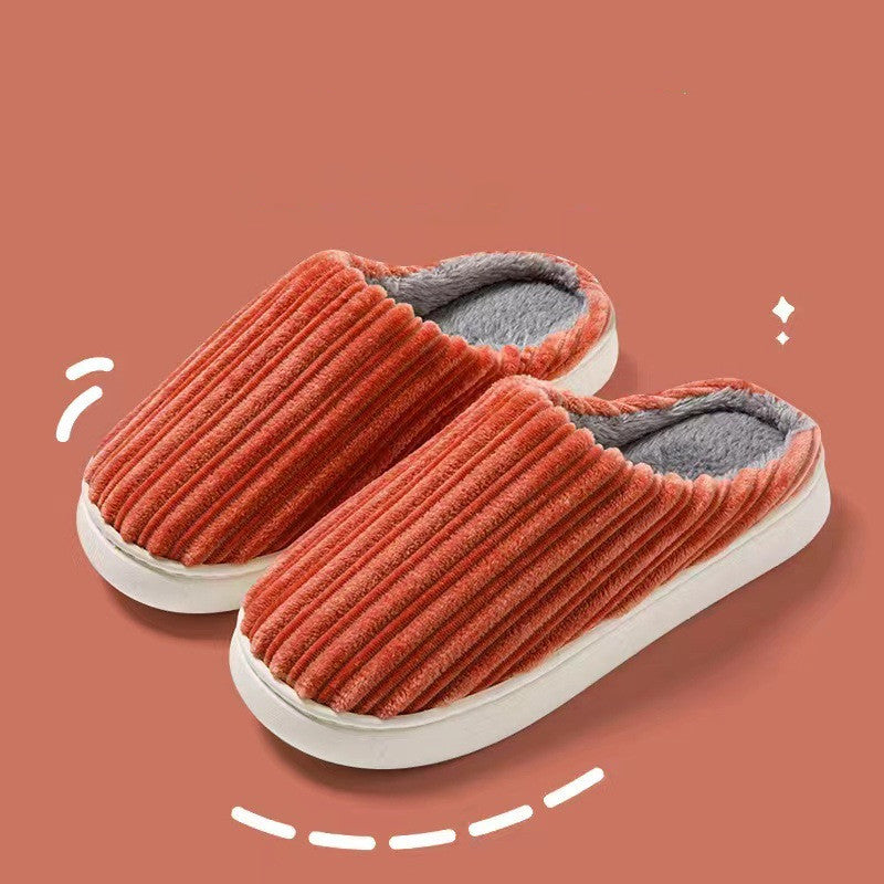 Striped Design Slippers Winter Indoor Warm Thick-soled Home Slippers Women's Plush Cotton Slippers Solid Anti Slip House Shoes