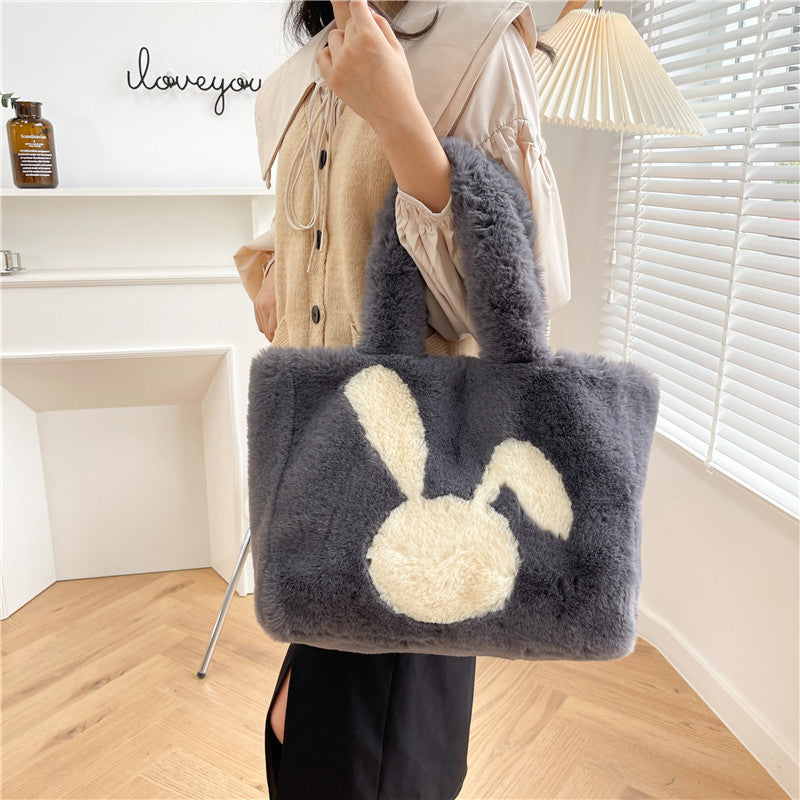 Cute Cartoon Rabbit Ears Plush Bag Autumn And Winter Shoulder Bag Shopping Handbags Large Capacity Personalized Tote Bags For Women