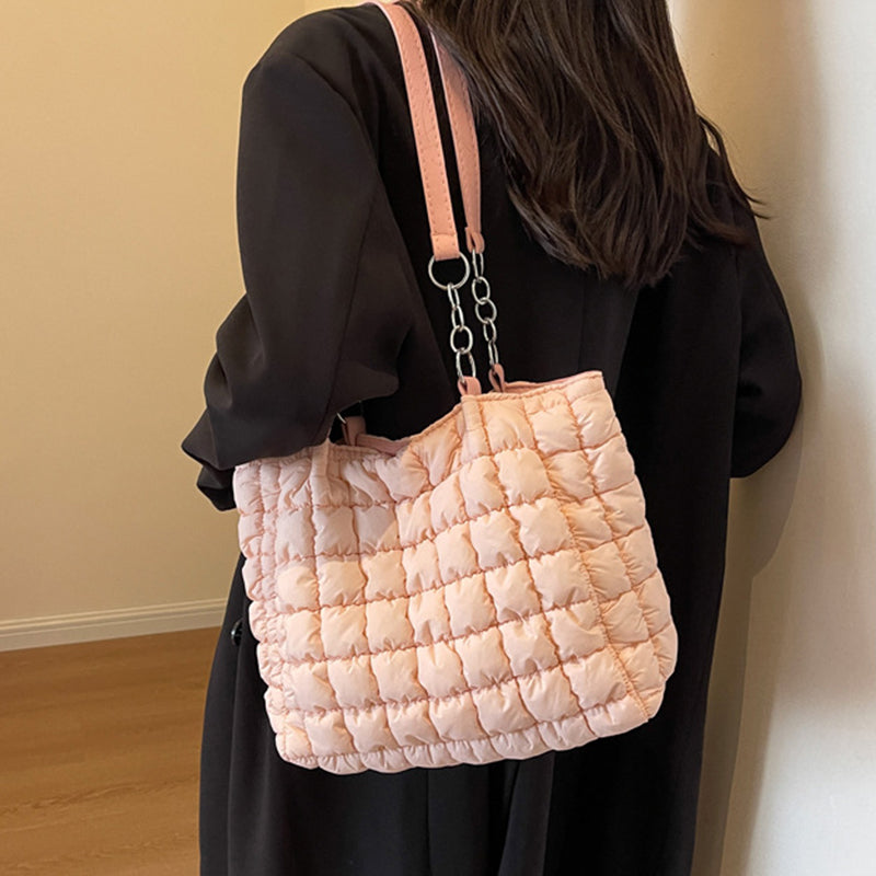 Chain Plaid Down Hanbags Large Capacity Bubble Designer Tote Bag Women's Autumn And Winter Fashion Pleated Armpit Shoulder Bag