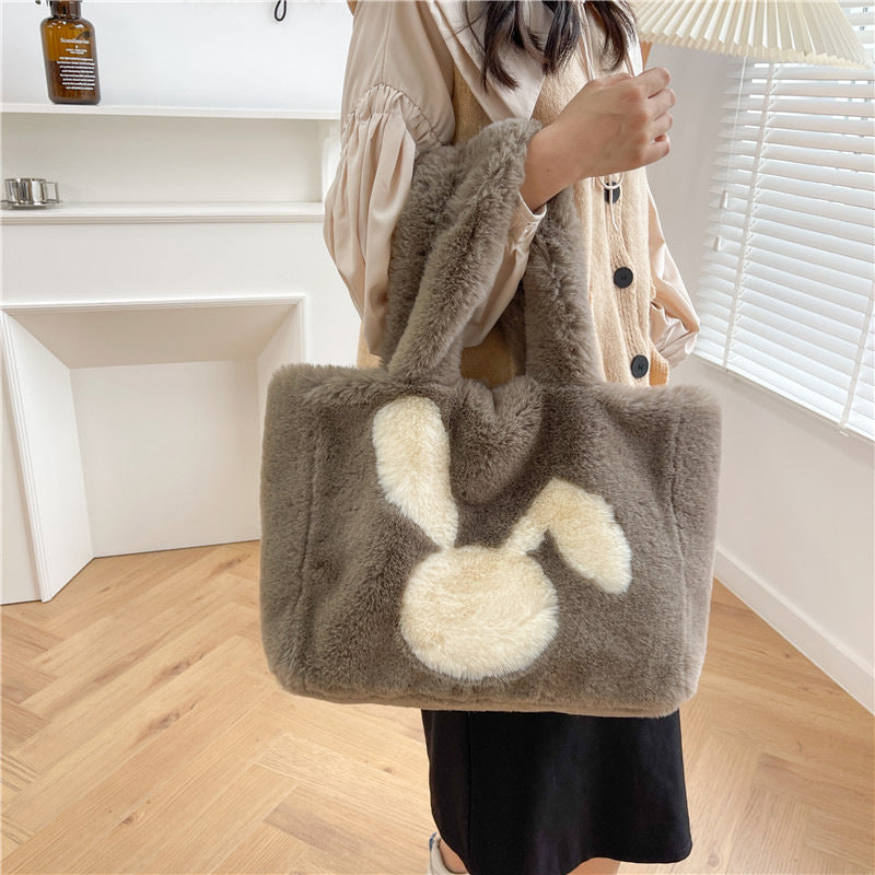 Cute Cartoon Rabbit Ears Plush Bag Autumn And Winter Shoulder Bag Shopping Handbags Large Capacity Personalized Tote Bags For Women