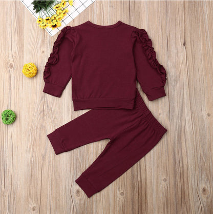 Baby Girls Ruffles Jumper Solid Long Sleeve Sweatshirt Tops Pants