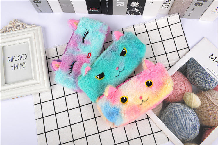 Laser color cat plush pencil case student stationery bag