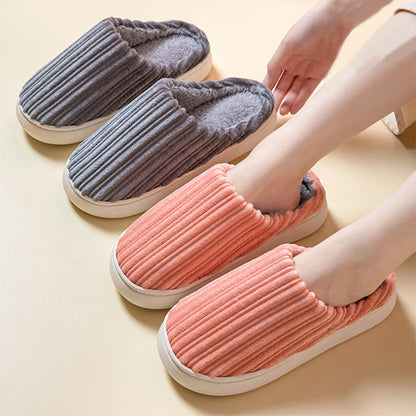 Striped Design Slippers Winter Indoor Warm Thick-soled Home Slippers Women's Plush Cotton Slippers Solid Anti Slip House Shoes