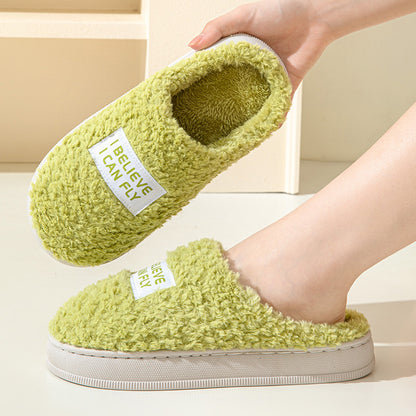 Letter Design Thick Sole Home Slippers Indoor Outside Slides Winter Warm Fluffy Slippers Non-Slip Fur Cotton Shoes Ladies Couples