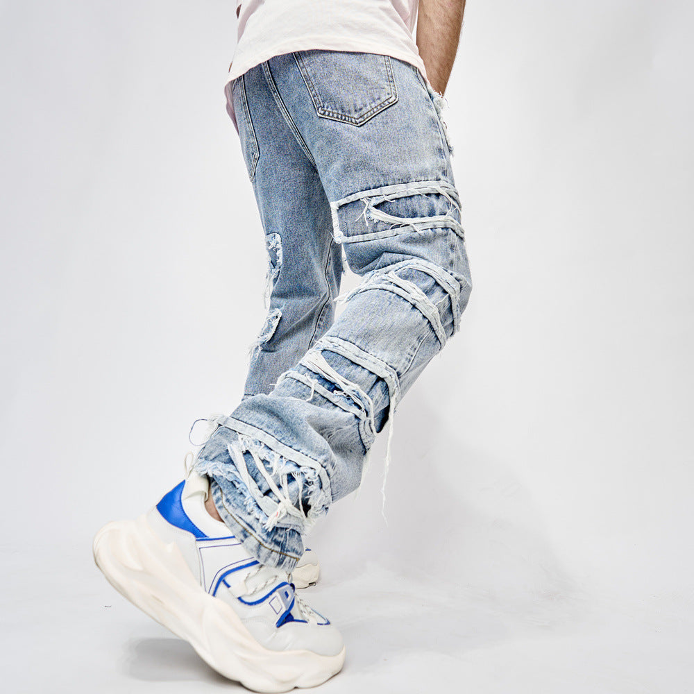 High Street Trousers Man's Pants Full Length Patched Straight Fit Men's Hip Hop Jeans