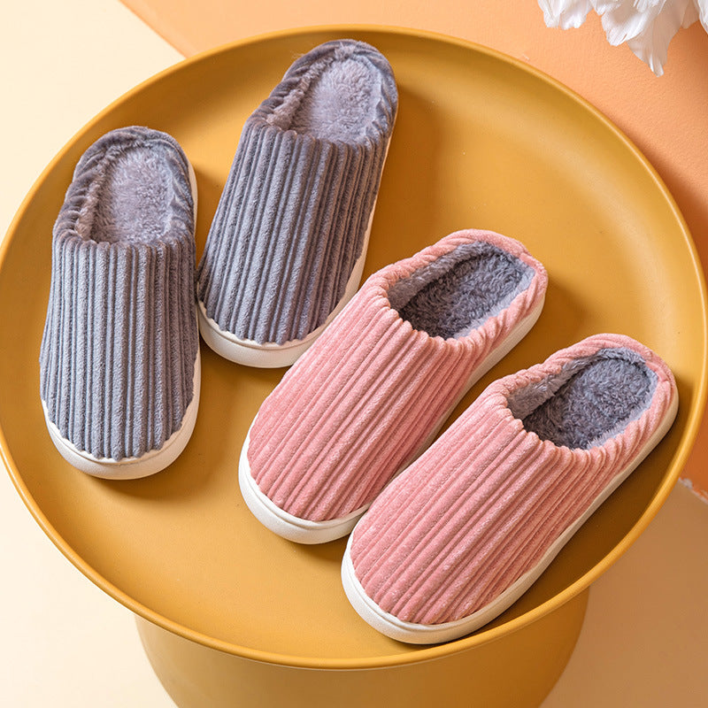 Striped Design Slippers Winter Indoor Warm Thick-soled Home Slippers Women's Plush Cotton Slippers Solid Anti Slip House Shoes