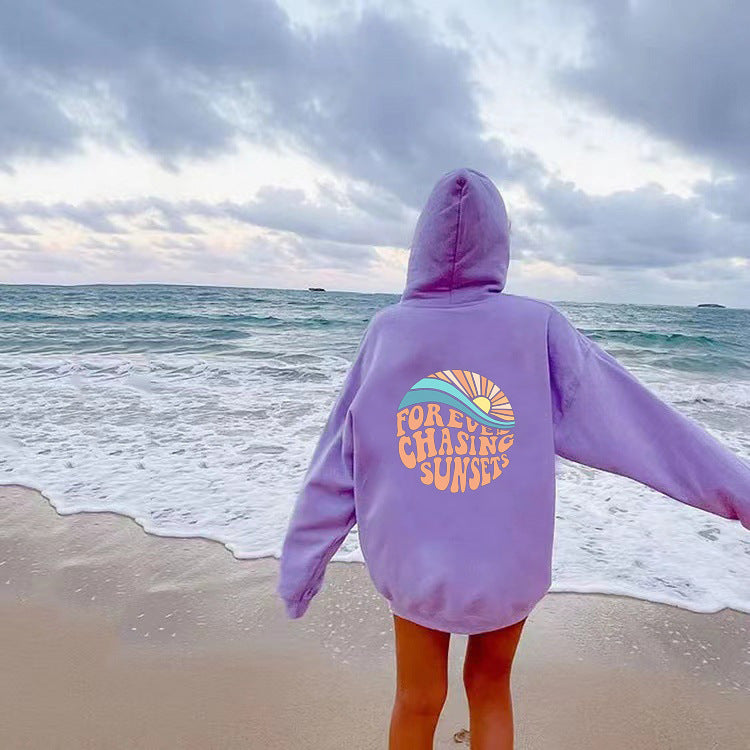 Fleece-lined Sunset Print Kangaroo Pocket Drawstring Hoodie