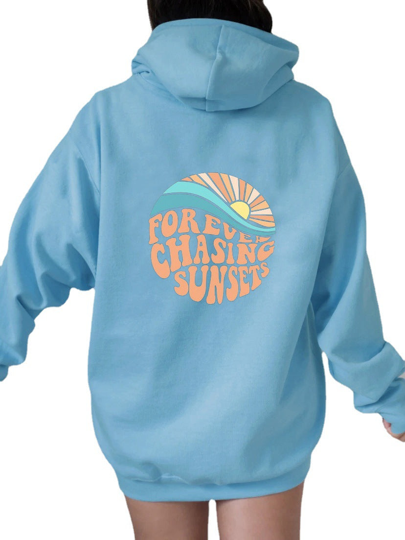 Fleece-lined Sunset Print Kangaroo Pocket Drawstring Hoodie