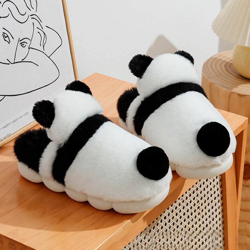 Cute Panda Shoes Winter Plush Slippers Women Warm Cartoon Garden House Shoes Indoor Home Thick Sole Footwear Non-Slip Fluffy Household Slides