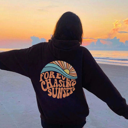 Fleece-lined Sunset Print Kangaroo Pocket Drawstring Hoodie