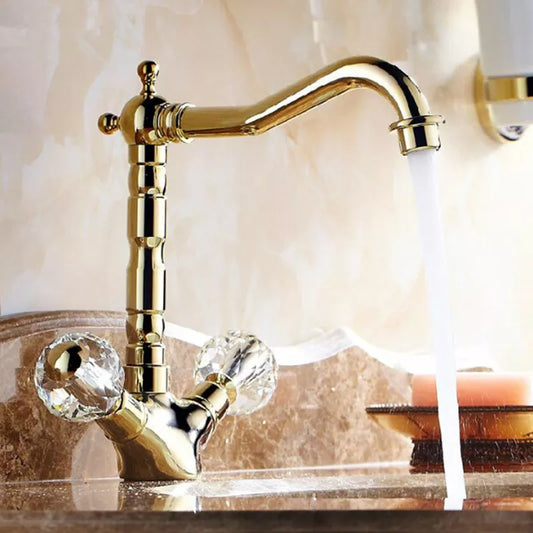 Retro Golden Basin Faucet Bathroom Crystal Double Handle Basin Mixer Tap Noble Gorgeous Swivel Basin Sink Faucet