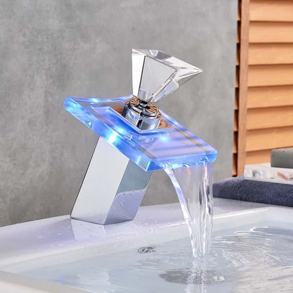 LED RGB Colors Basin Sink Faucet Deck Mount Waterfall Brass Bathroom Vessel Sink Mixer Tap Chrome Finish