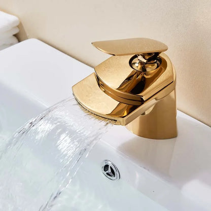 Golden Waterfall Spout Basin Vessel Sink Faucet Deck Mount Golgen Brass Hot Cold Mixer Tap for Bathroom Chrome Vanity Sink Tap