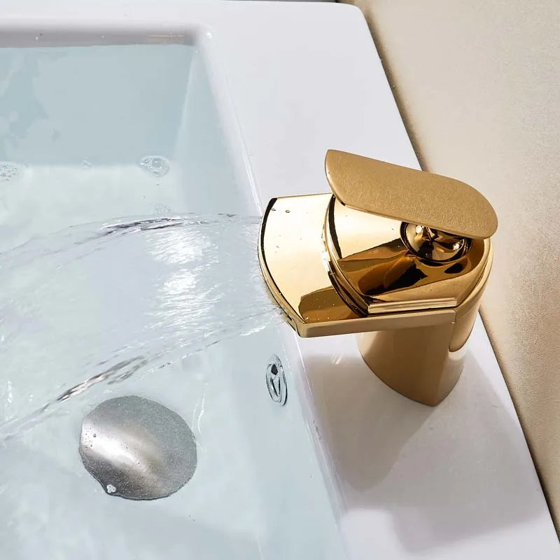 Golden Waterfall Spout Basin Vessel Sink Faucet Deck Mount Golgen Brass Hot Cold Mixer Tap for Bathroom Chrome Vanity Sink Tap