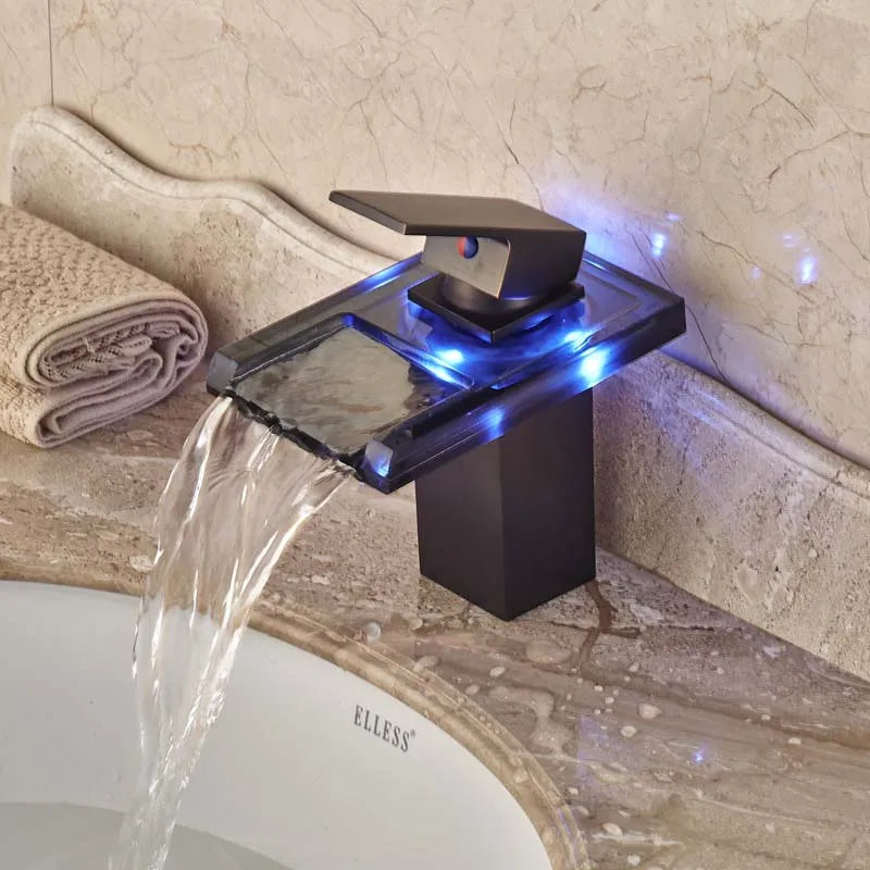 LED RGB Colors Basin Sink Faucet Deck Mount Waterfall Brass Bathroom Vessel Sink Mixer Tap Chrome Finish