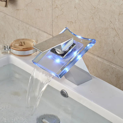 LED RGB Colors Basin Sink Faucet Deck Mount Waterfall Brass Bathroom Vessel Sink Mixer Tap Chrome Finish