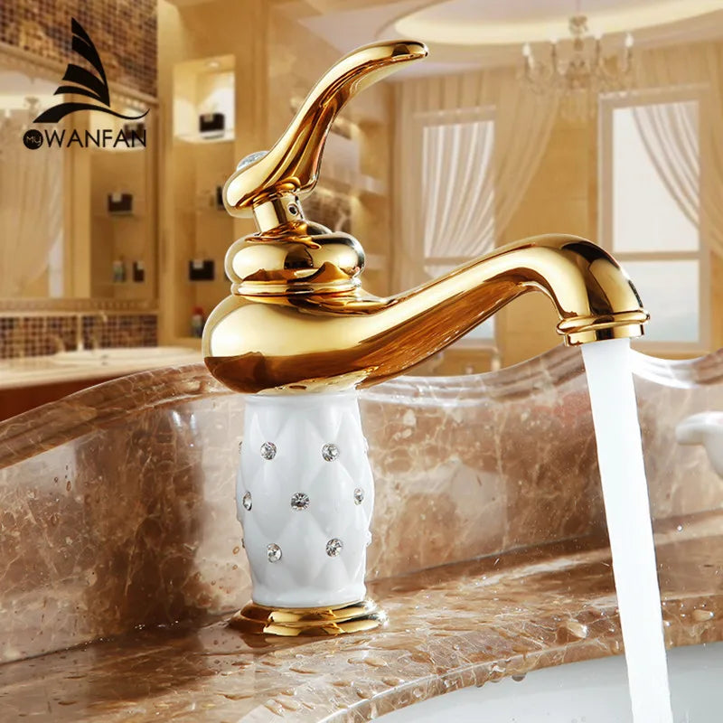 Basin Faucets Brass with Diamond Bathroom Faucet Gold Mixer Tap Single Handle Hot & Cold Washbasin Tap torneiras banheiro 7301K