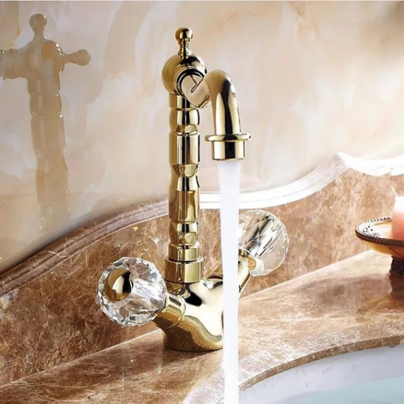 Retro Golden Basin Faucet Bathroom Crystal Double Handle Basin Mixer Tap Noble Gorgeous Swivel Basin Sink Faucet