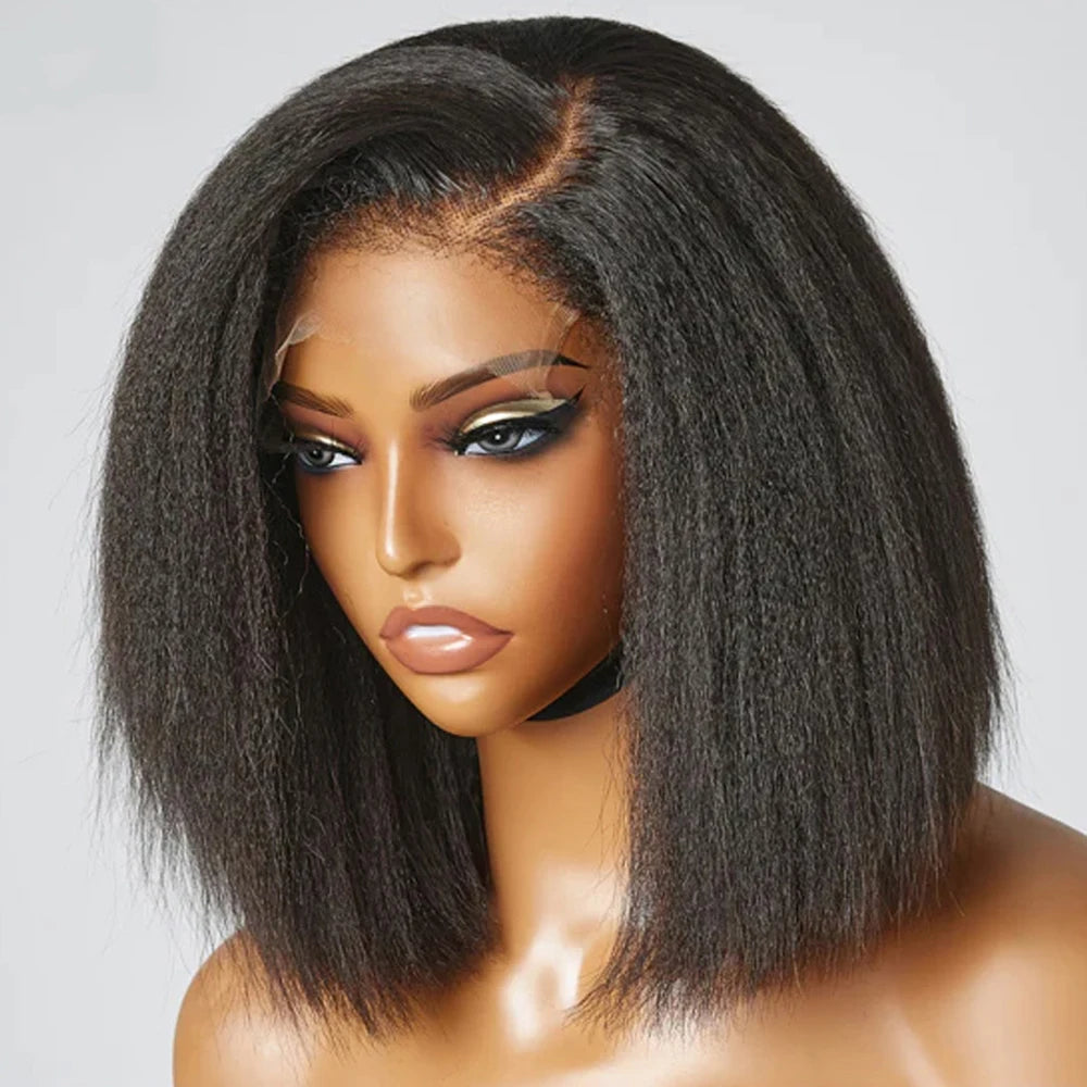 Glueless Kinky Straight 13x4 Lace Front Wig Short Bob Human Hair Wigs Wear And Go Yaki Straight Brazilian Remy PrePlucked Wig