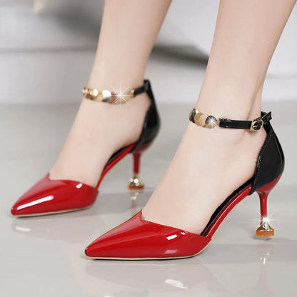 Zapatos De Mujer Women Fashion Sweet Pointed Toe Buckles Strap Stiletto Heels Lady Cool Red Party Heel Shoes  White Heels