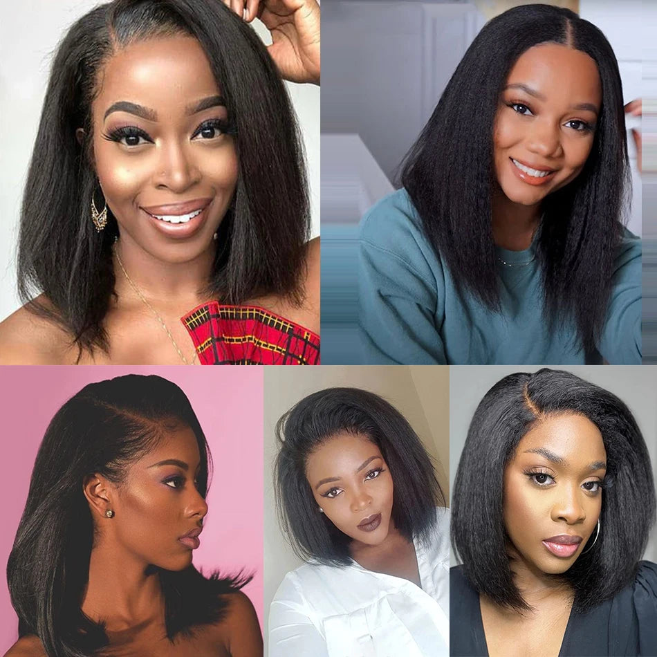 Glueless Kinky Straight 13x4 Lace Front Wig Short Bob Human Hair Wigs Wear And Go Yaki Straight Brazilian Remy PrePlucked Wig