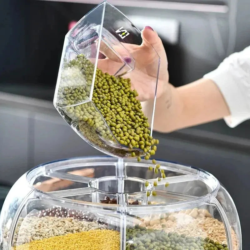 360° Divided Rice Bucket Rotating Five Grain Dry Cereal Grain  Dispenser