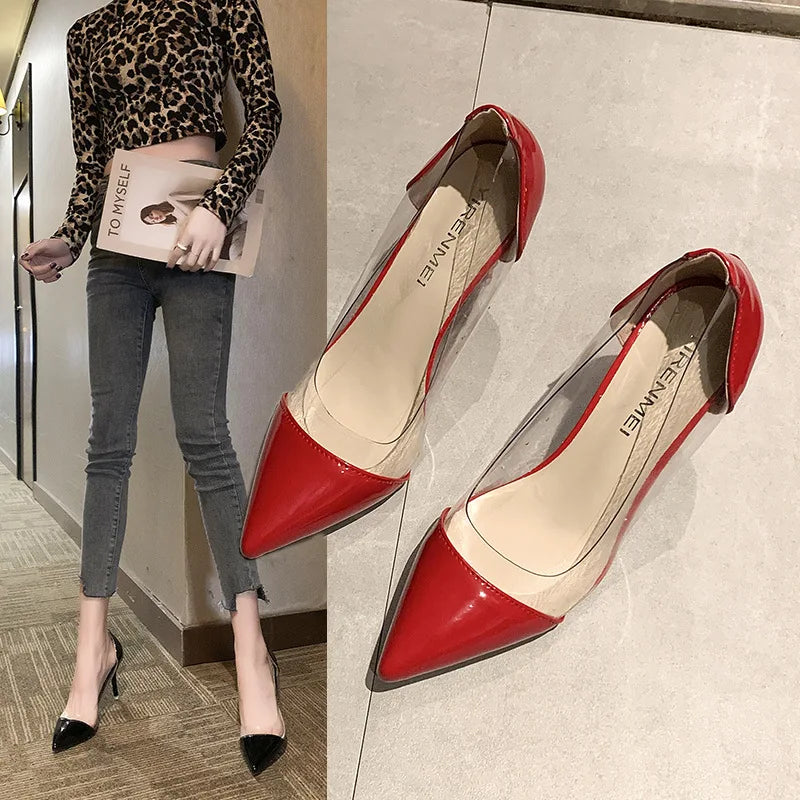 Spring and Summer New Fashion Shallow Mouth Pointed High Heels Sexy Stiletto Splicing Female Transparent Set Foot Single Shoes