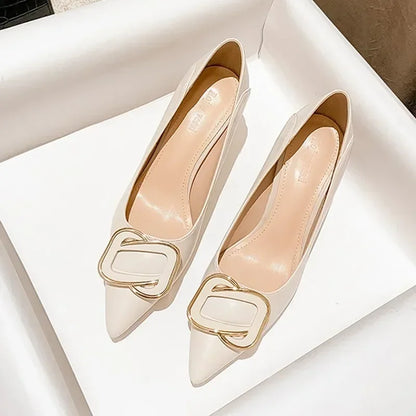 Beige single shoes female 2023 new spring and autumn soft leather not wear foot French gentle with skirt high with female shoes