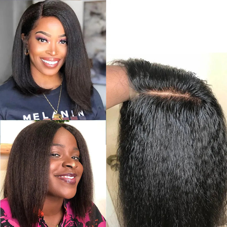 Glueless Kinky Straight 13x4 Lace Front Wig Short Bob Human Hair Wigs Wear And Go Yaki Straight Brazilian Remy PrePlucked Wig