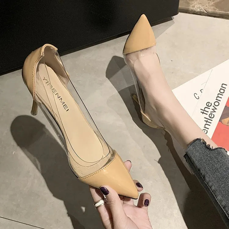 Spring and Summer New Fashion Shallow Mouth Pointed High Heels Sexy Stiletto Splicing Female Transparent Set Foot Single Shoes