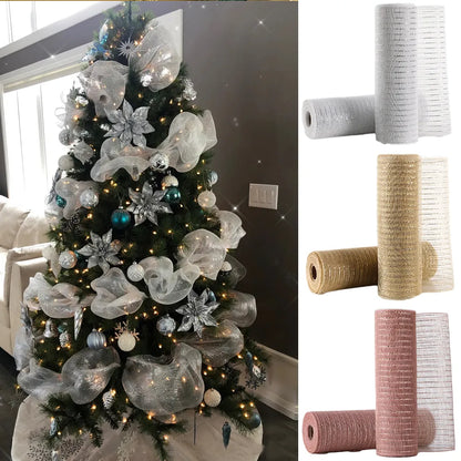 26cm 10 Yards Gold White Mesh Ribbon DIY Xmas Tree Glitter Mesh Roll Decorations Wedding Christmas Decor Navidad Gift Packing