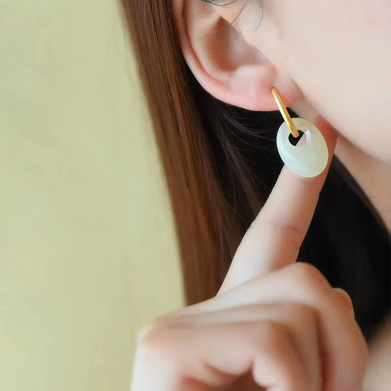 Original natural and Baitian white jade oval hollow Earrings Chinese style retro creative elegant women's Christmas gift