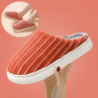 Striped Design Slippers Winter Indoor Warm Thick-soled Home Slippers Women's Plush Cotton Slippers Solid Anti Slip House Shoes