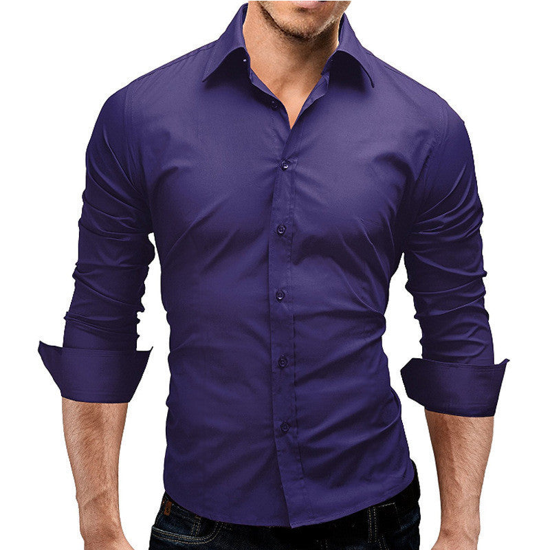 Men's Slim-fit Long-sleeved Solid Color Simple Formal Shirt