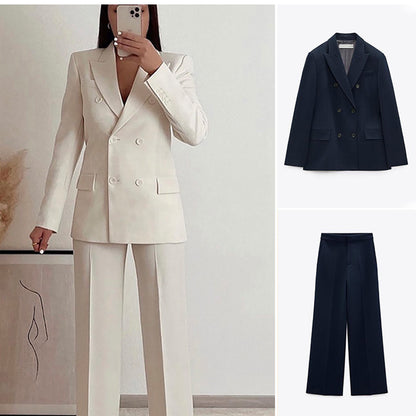 Women's Fashion Slim Double-breasted Blazer Straight-leg Pants