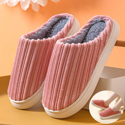 Striped Design Slippers Winter Indoor Warm Thick-soled Home Slippers Women's Plush Cotton Slippers Solid Anti Slip House Shoes